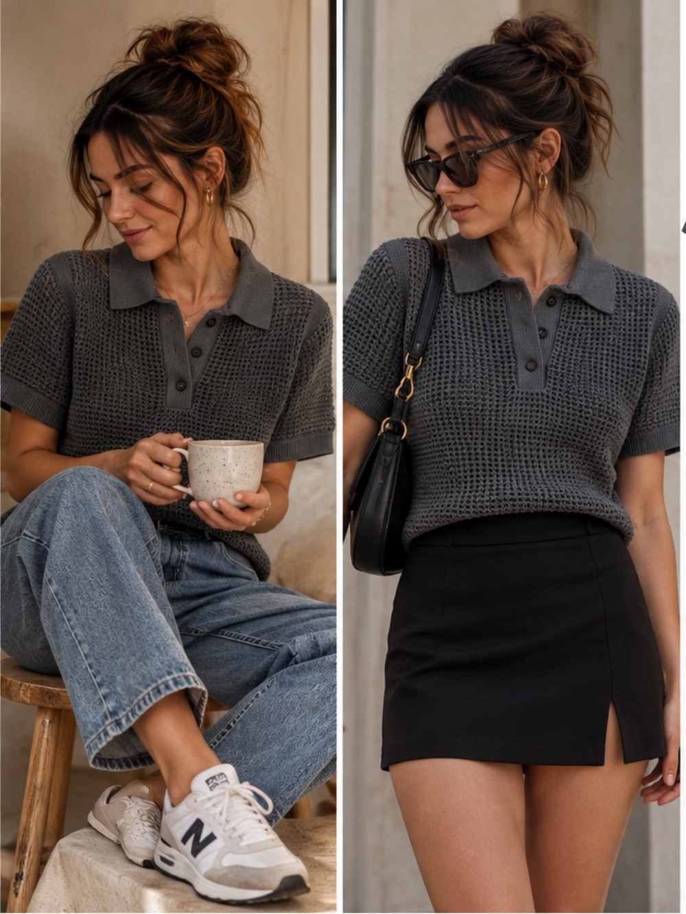 Charcoal Short-Sleeve Knit Polo Sweater